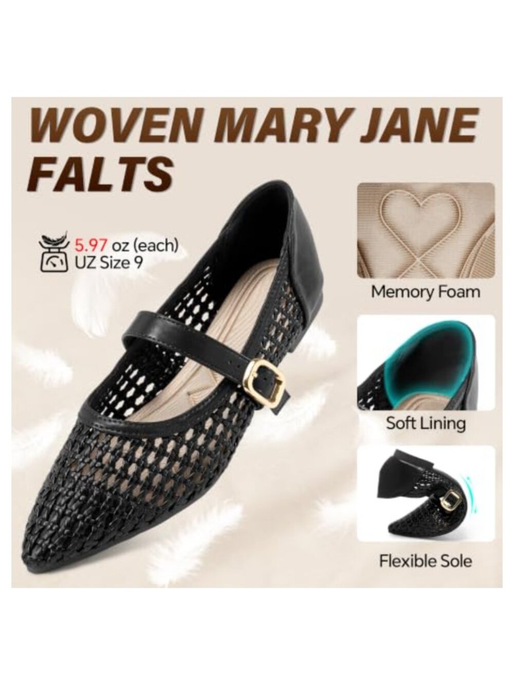 Woven Mesh Mary Jane Ballet Flats Pointed Toe Cushioned Comfort Shoes - Picture 3 of 6